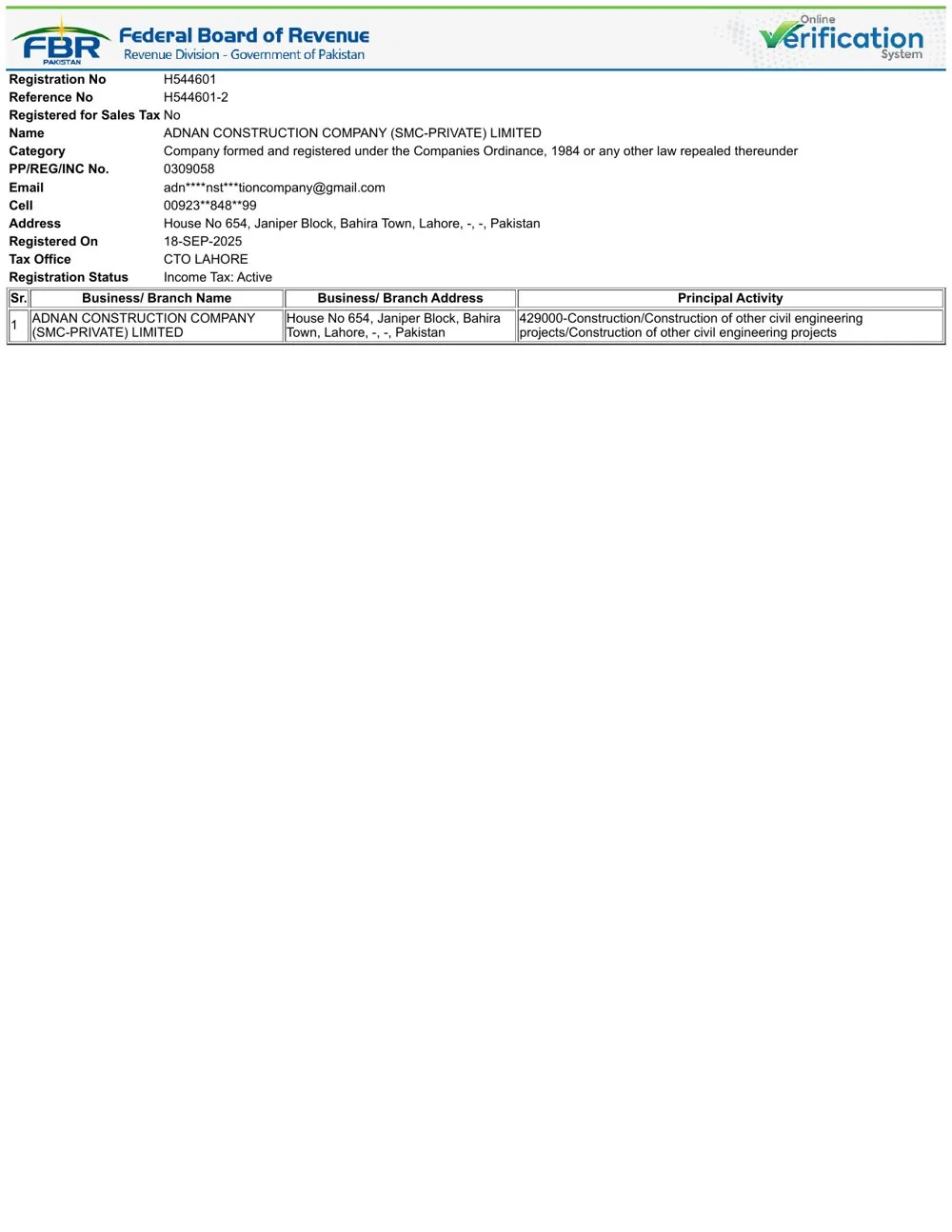 FBR Certificate